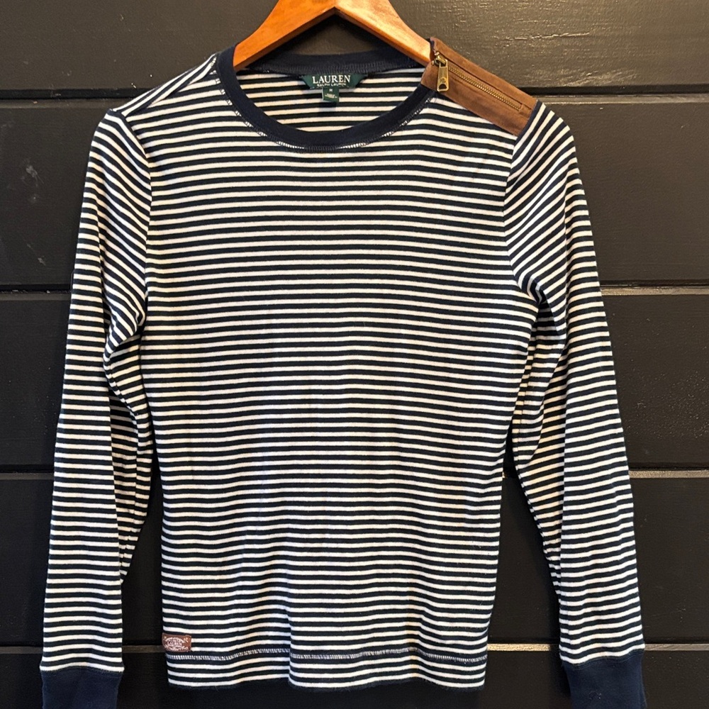 Ralph Lauren Men's Navy and White Striped Long Sleeve Tee